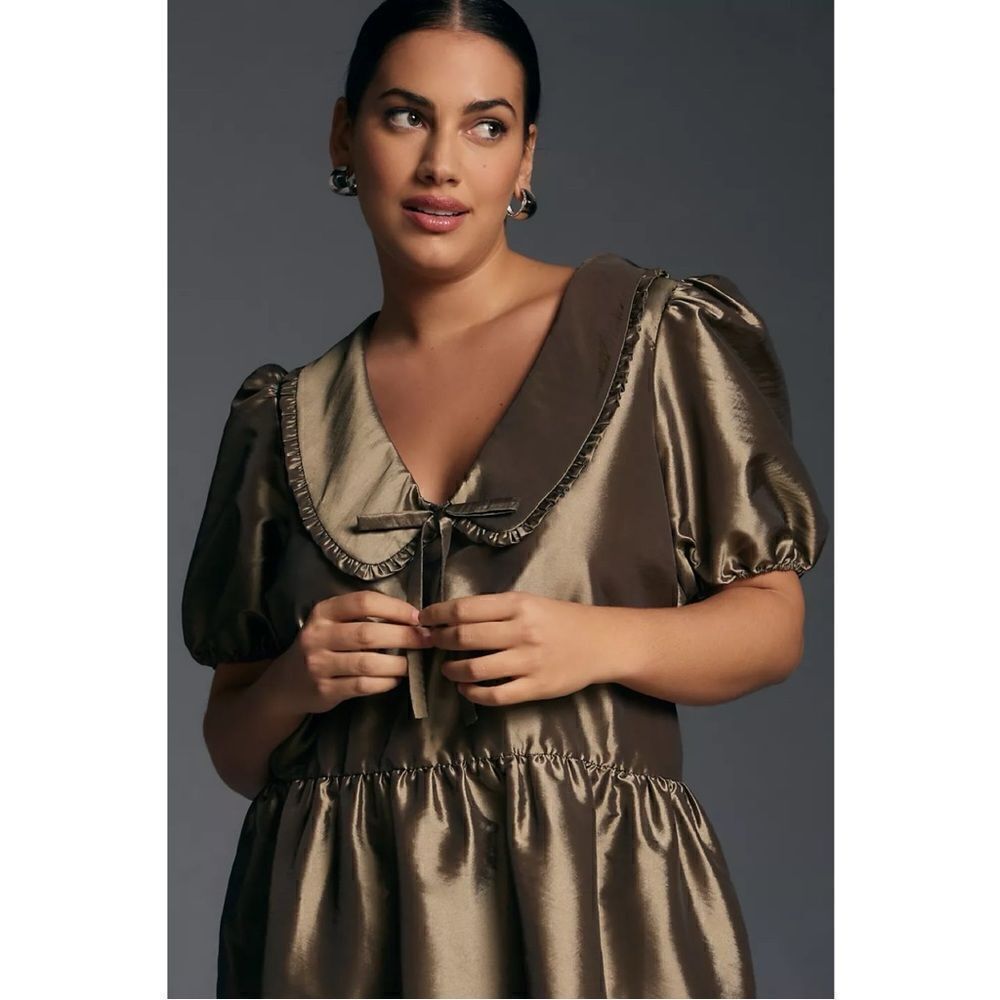 NEW Anthropologie Porridge Olive Short-Sleeve Collared Taffetta Mini Dress Large - Picture 6 of 7